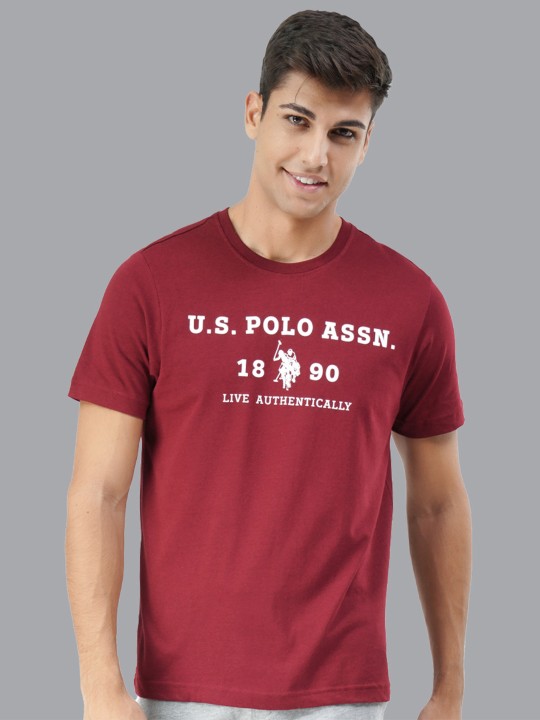 U S Polo Assn Men Maroon Brand Logo Printed Lounge T-shirt